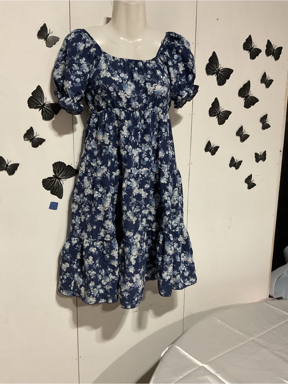 Girls Navy Blue Floral Puff-Sleeve Dress